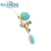 Silver and Gold Pendant with Amazonite, Pearl and Topaz- 18"